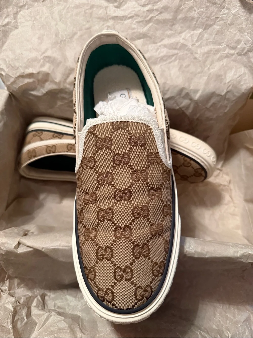 Gucci Brown Beige GG Monogram Slip-On Sneakers